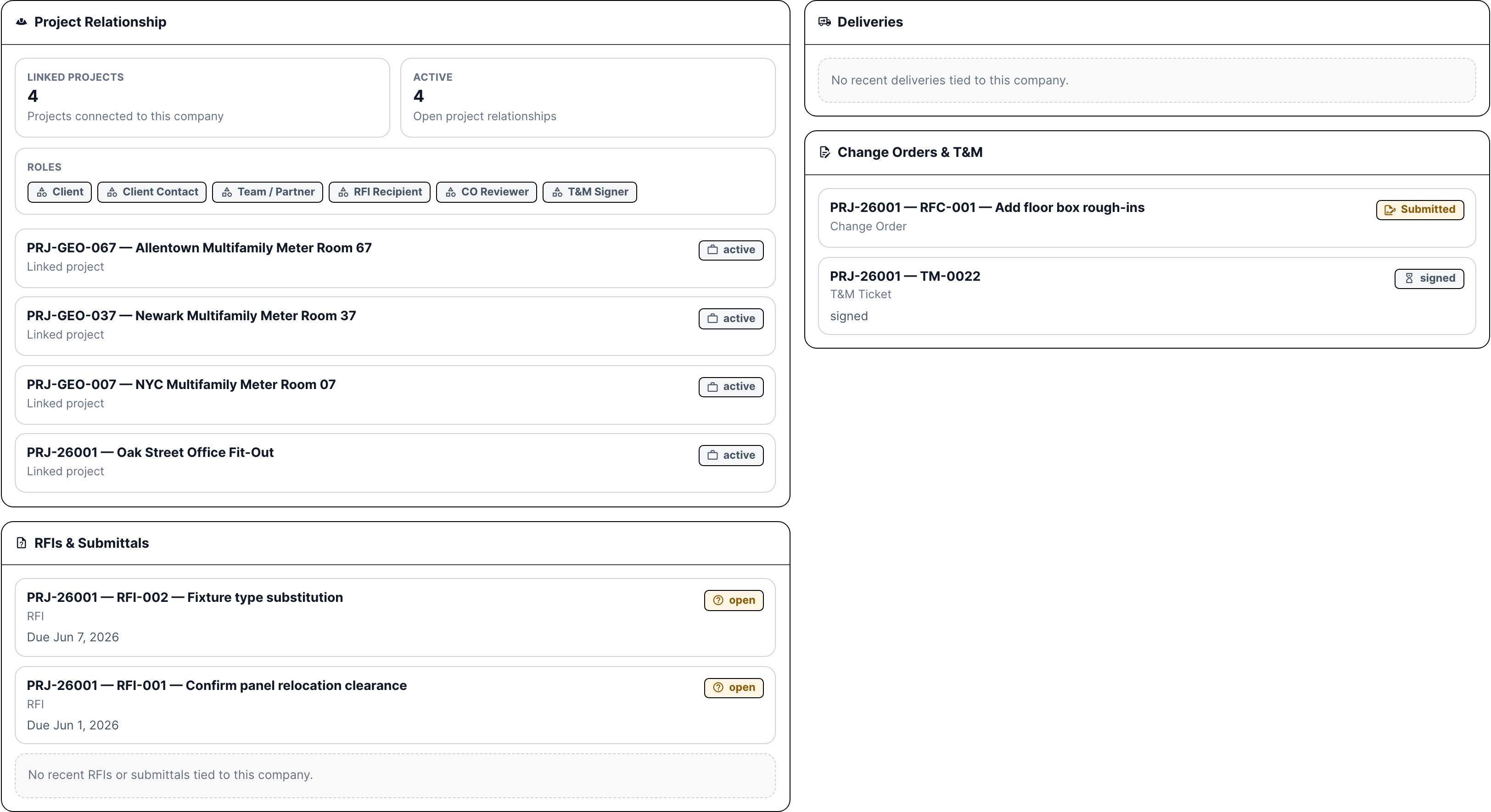 CRM projects tab with project roles and records