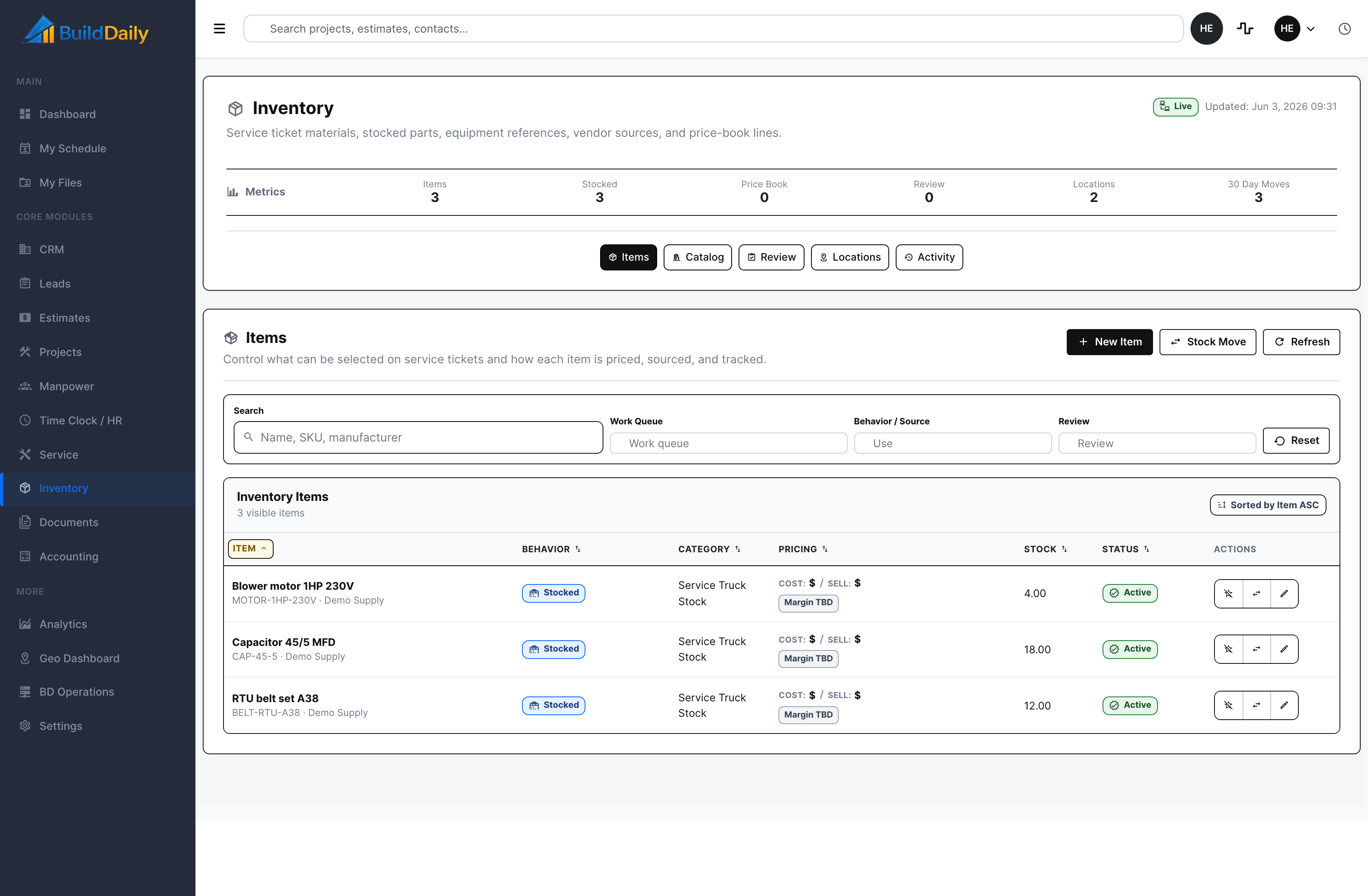 Inventory stock and movement dashboard