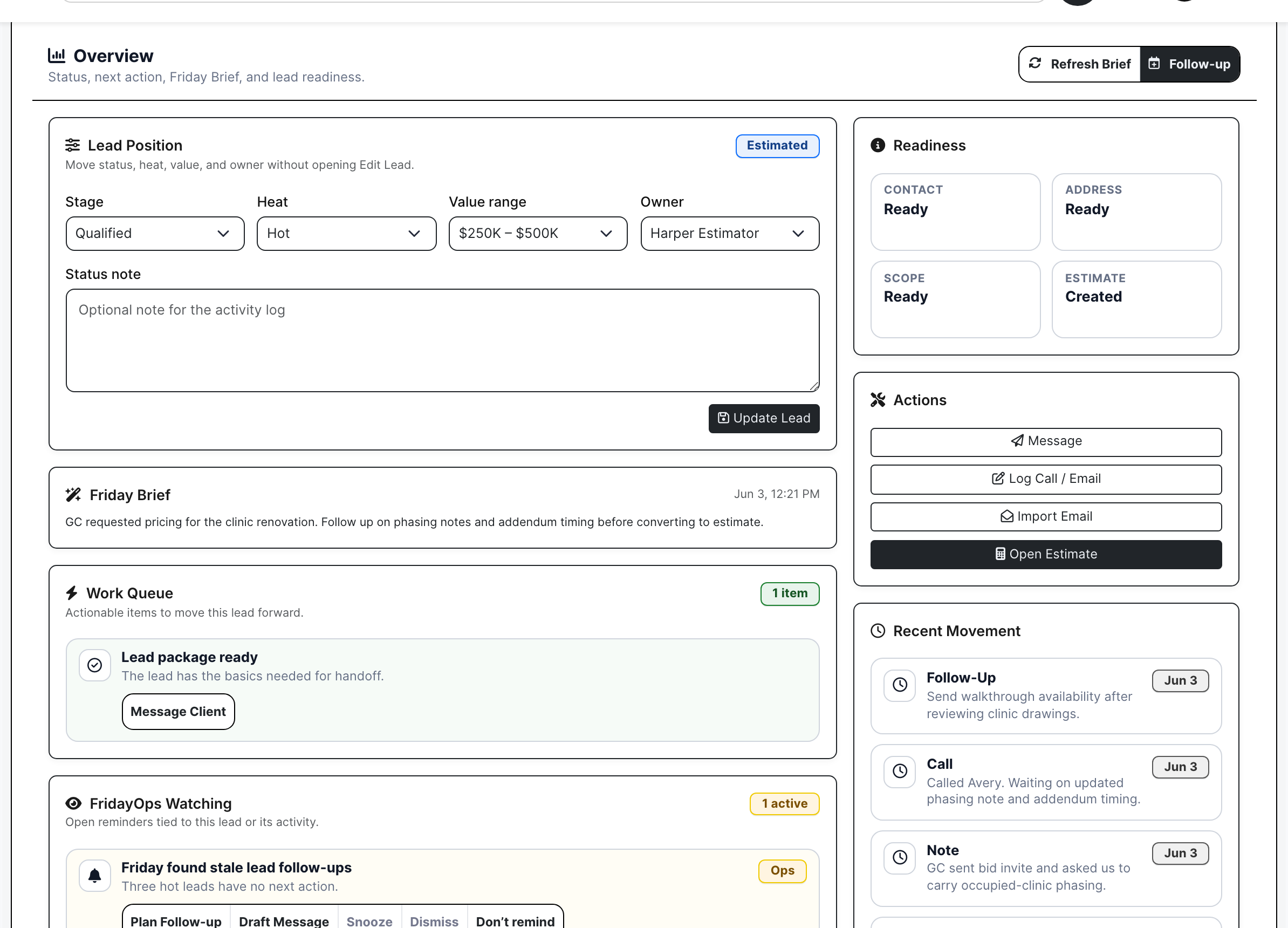 Lead work page readiness and action queue