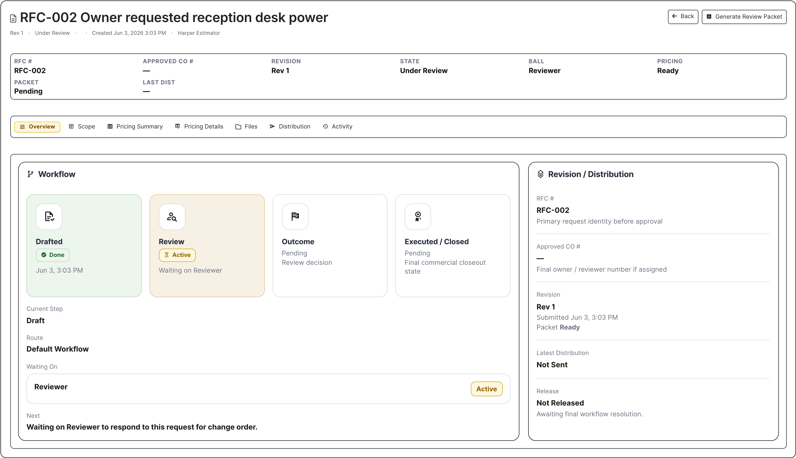 BuildDaily project change order workbench with pricing review and files