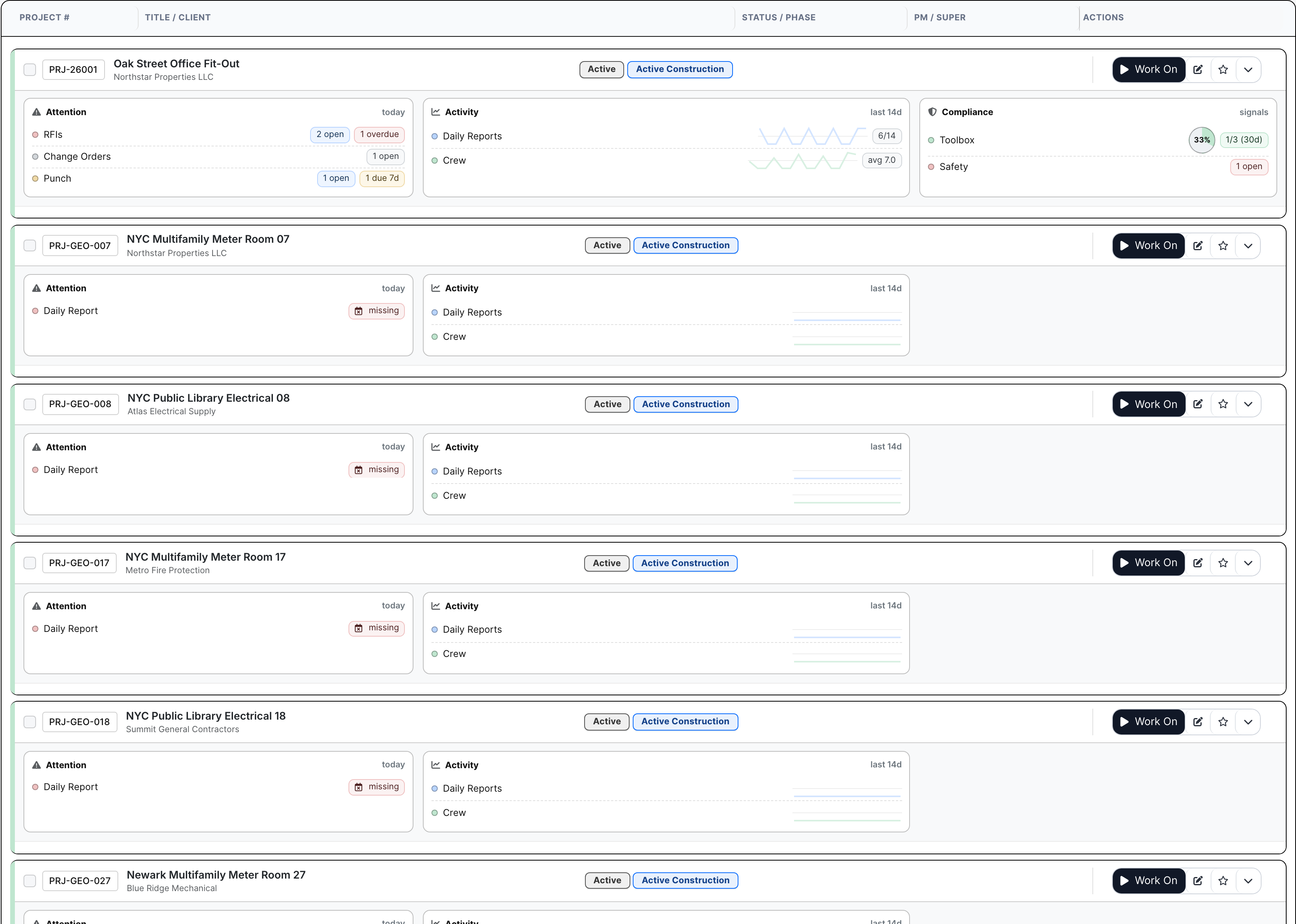 Project list with active project rows