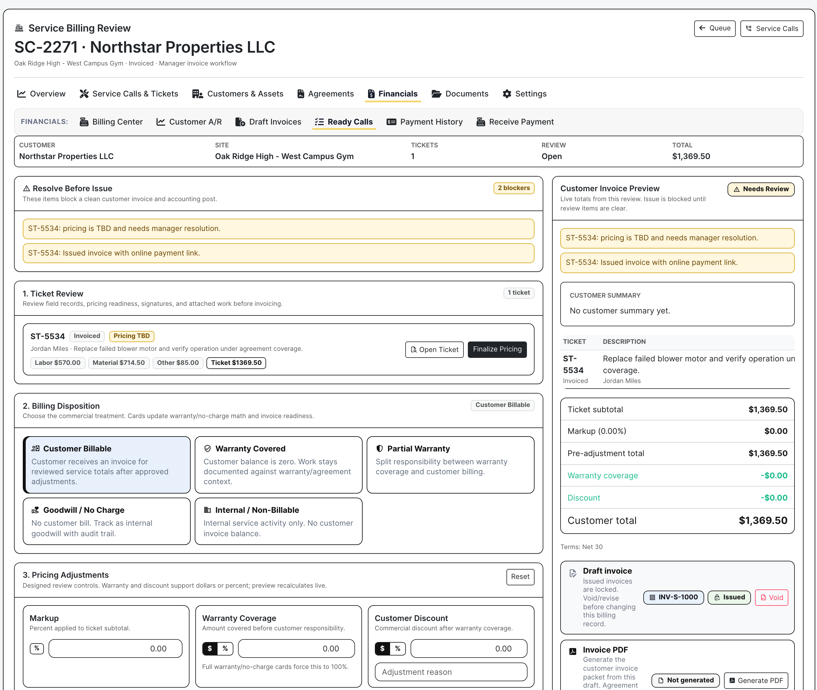 BuildDaily service billing review with disposition and invoice readiness