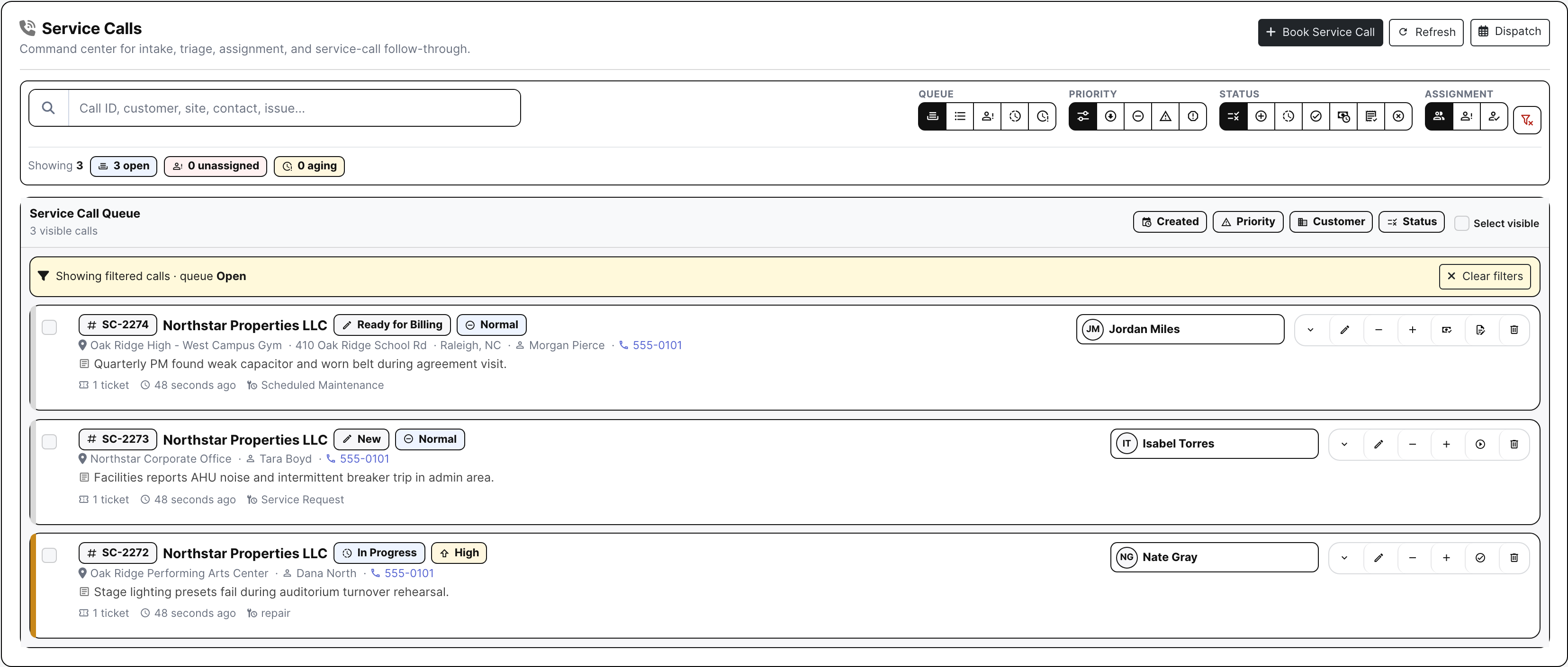 Service calls queue with real customer and priority context