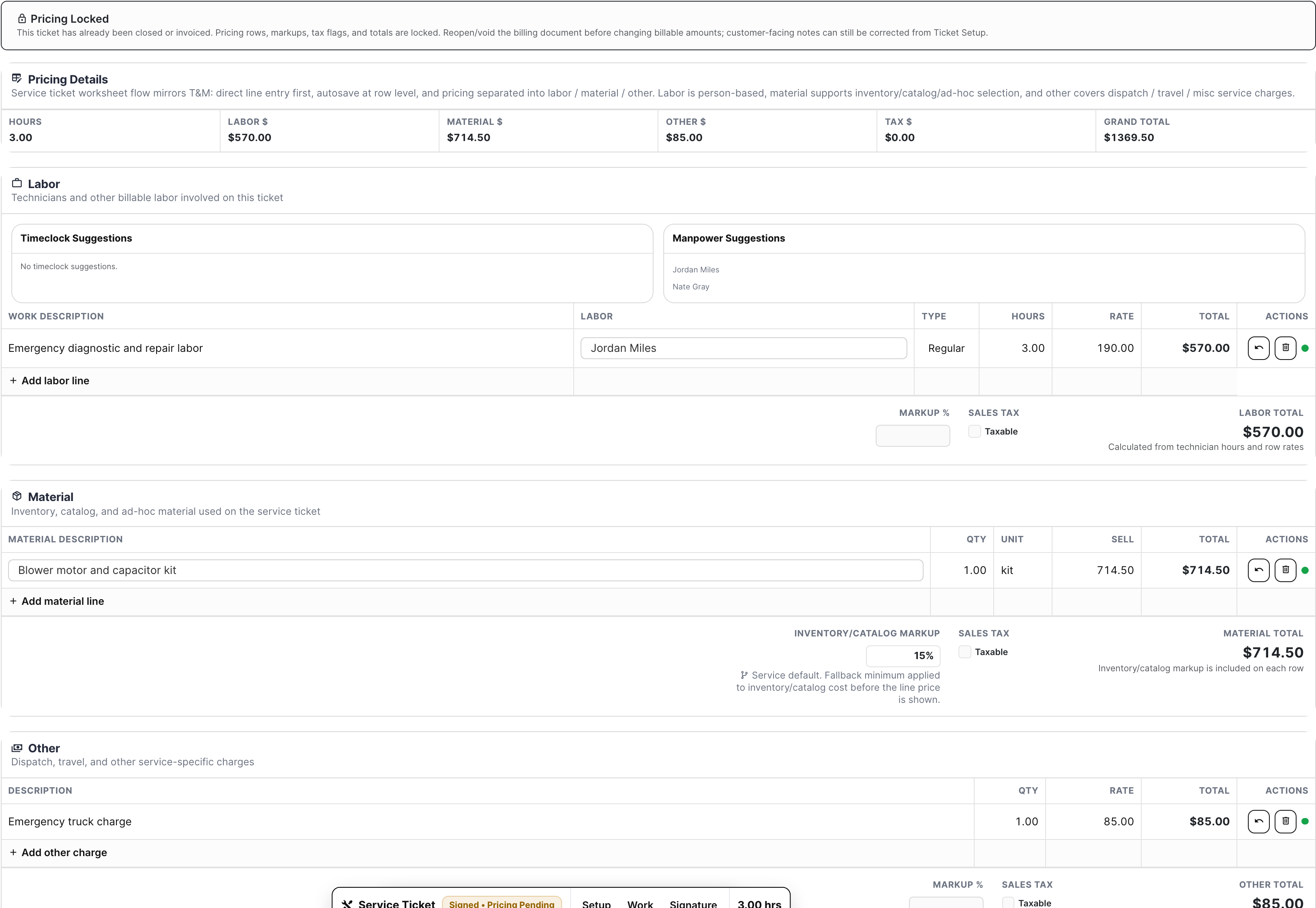 Service ticket pricing rows
