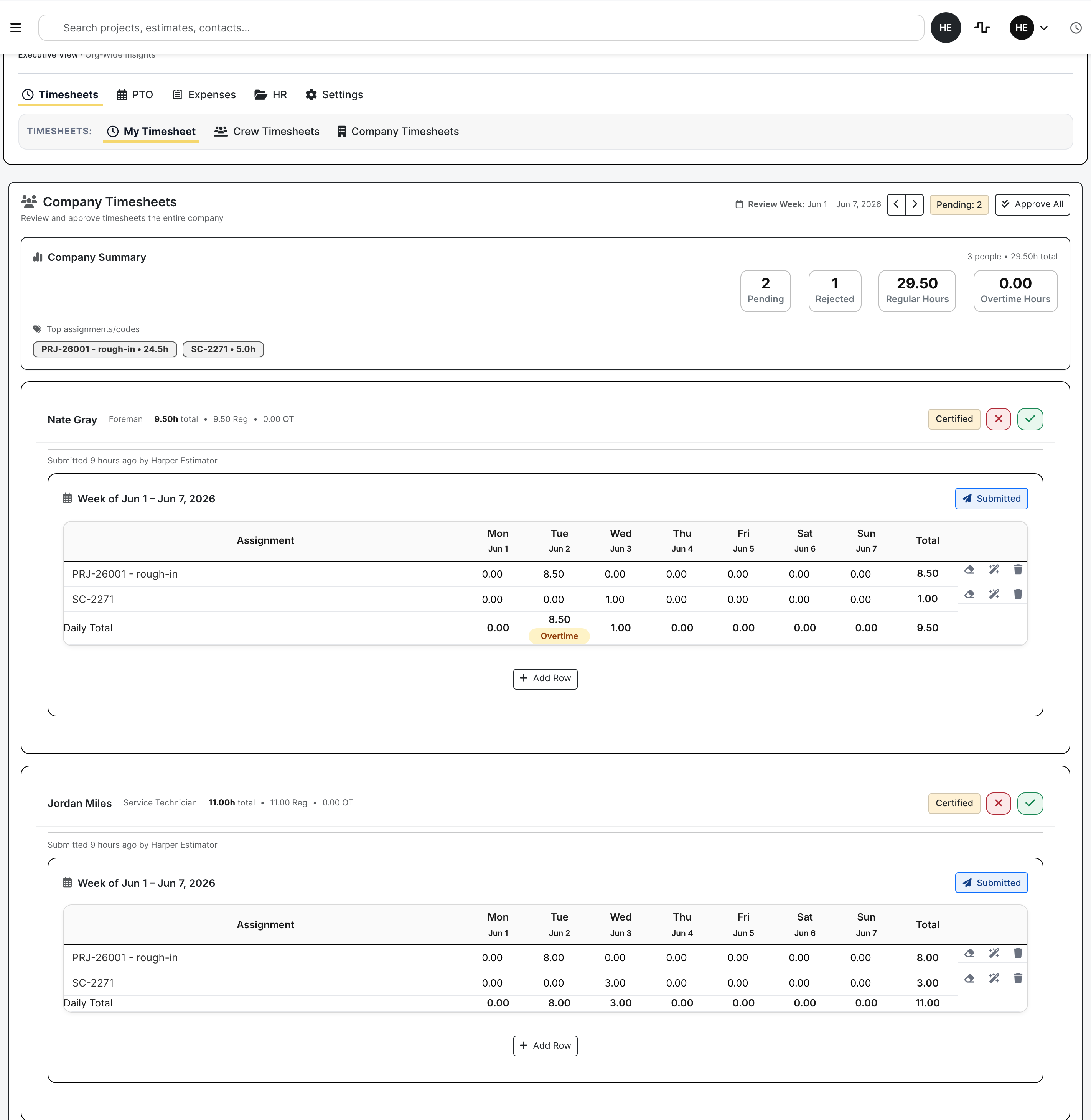 Company timesheets